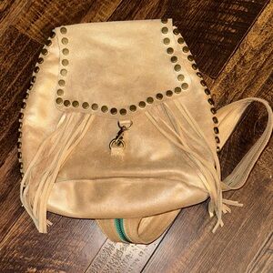 Boutique Gold leather Studded Fringe Backpack